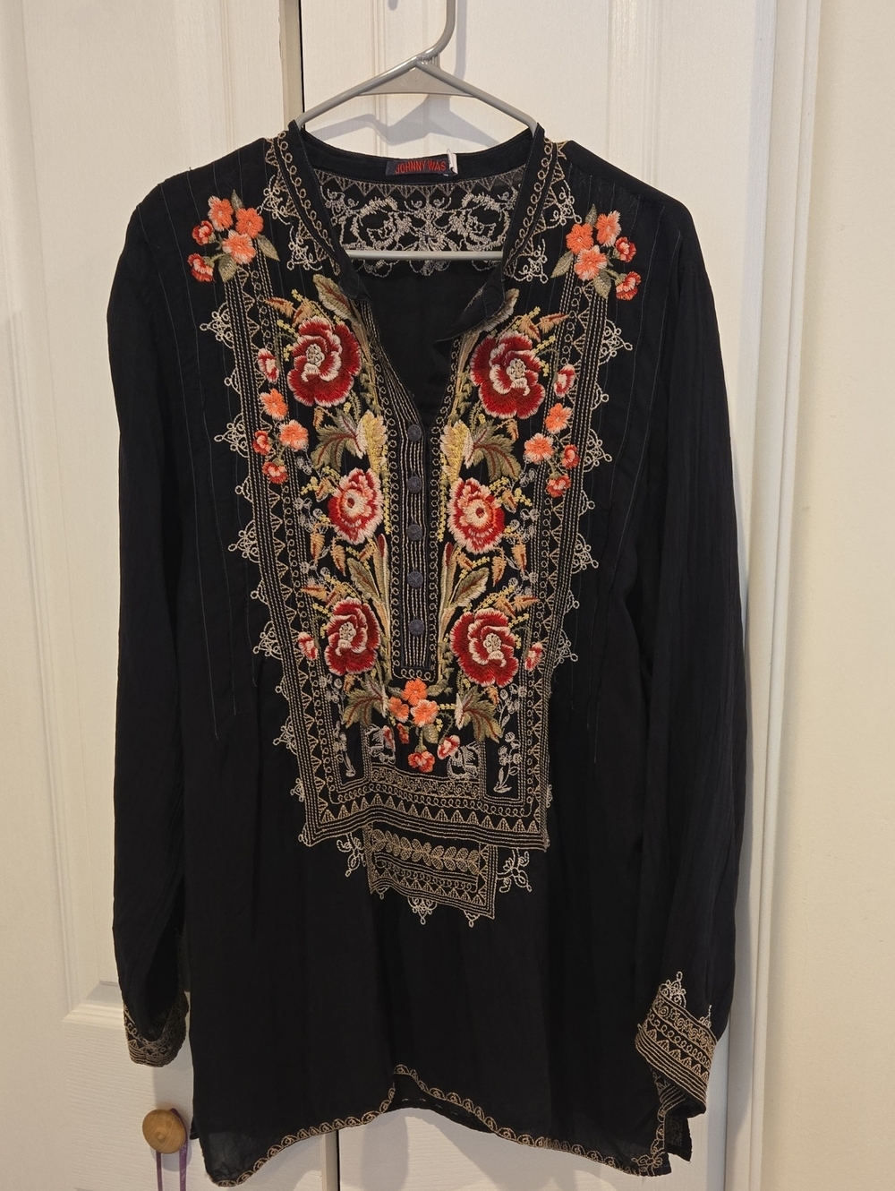 Johnny Was Black Tunic with Red & Orange Floral Embroidery